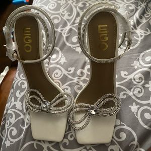 Sugar Coated Diamanté Bow Detail Square Toe in White Faux Leather